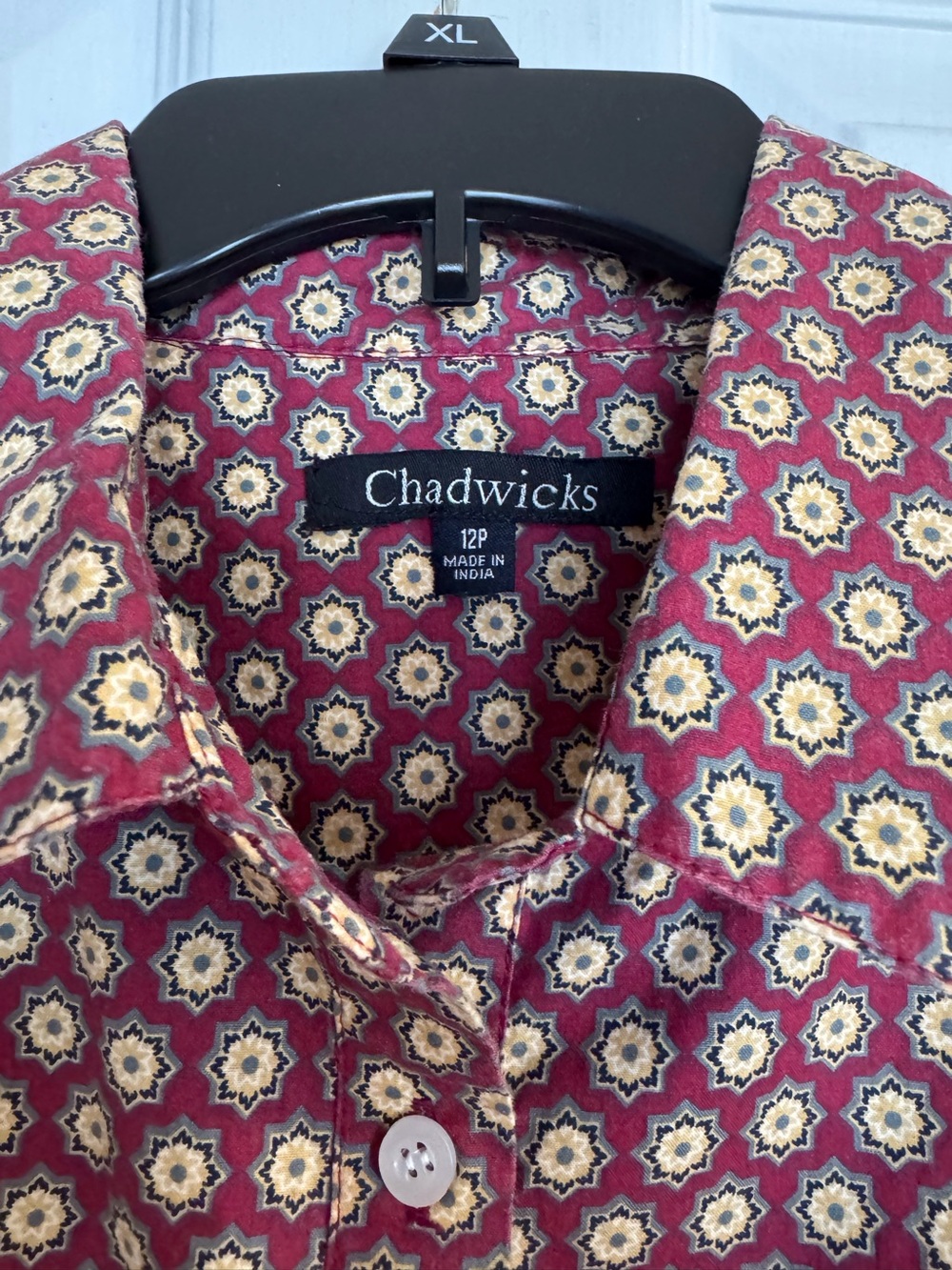 Chadwick’s short sleeve burgundy button down blouse, size petite 12